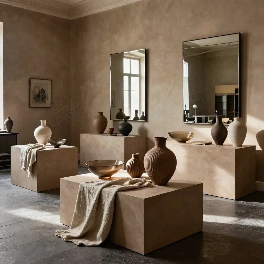 Charlottenburger Showroom mit Sockeln, Spiegeln und Dekoobjekten im dramatischen Licht