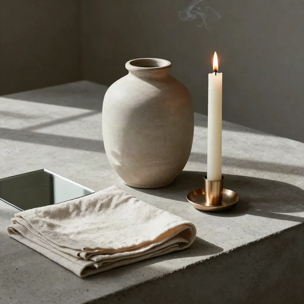 Kerze, Vase, Tuch und Spiegelkachel auf Beton mit warmem Licht
