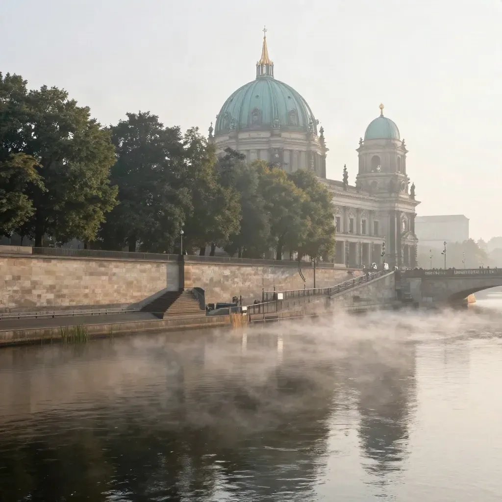 Museum Island am Spreeufer im Morgennebel, Dom hoch im Bild, viel ruhige Wasserfläche