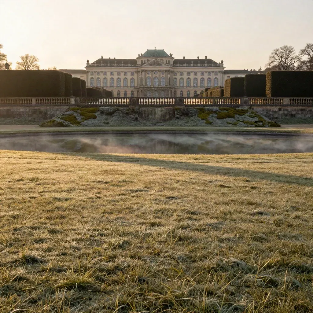 Sanssouci-Park in Potsdam mit Schloss-Silhouette, stillen Wasserbecken und goldener Abendstimmung