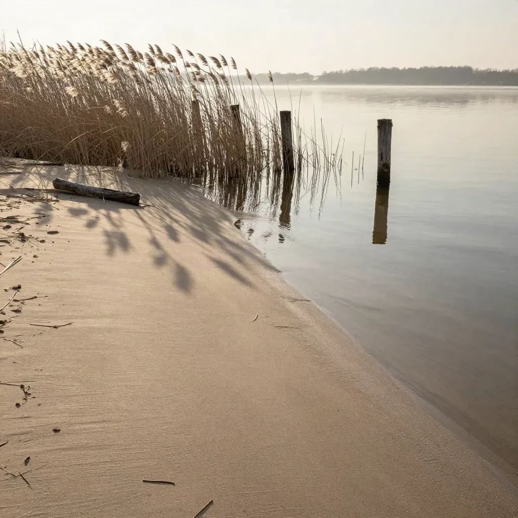 Neblige Brandenburger Uferzone mit Schilf, Sand und fernen Gutshäusern im Abendlicht