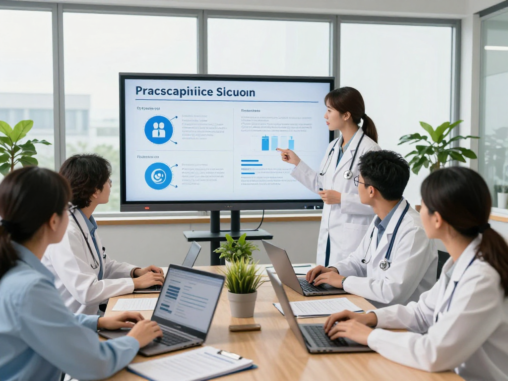 Branchenlösungen – Übersicht: Gesundheitswesen-Team bespricht Datenschutz und Barrierefreiheit.