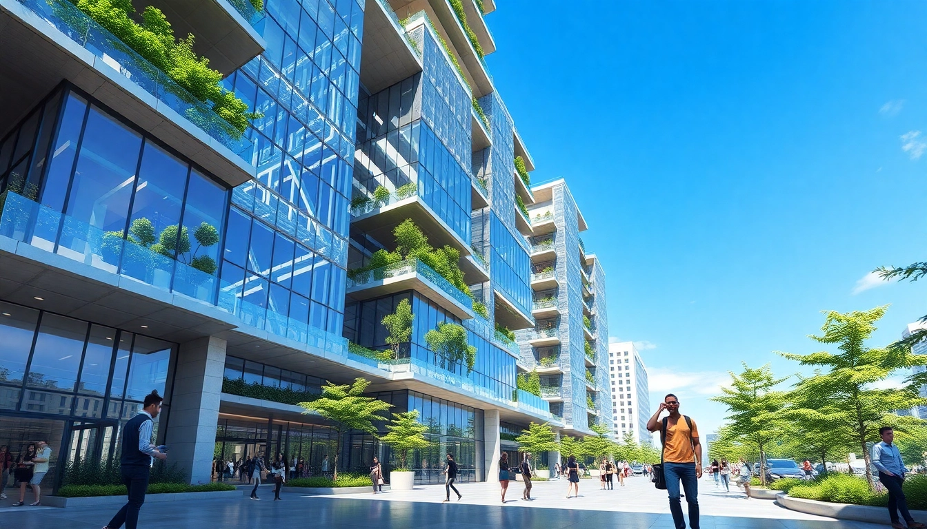 Visualisierung architektur mit modernen Gebäuden und lebendigen Menschen in einem urbanen Umfeld.