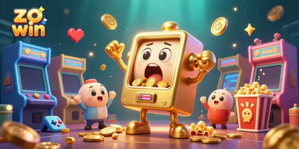 Spin to win with the lively zo win slot machine, showering coins in a dynamic gaming scene.