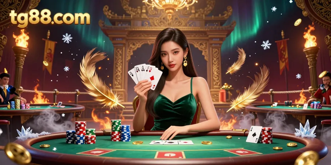 Engage with tg88com's casino magic at a poker table, surrounded by dynamic game elements and visual energy.