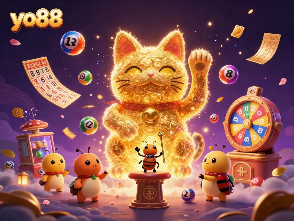 Experience yo88's captivating gaming adventure with a lucky cat, fireflies, and dynamic casino symbols.