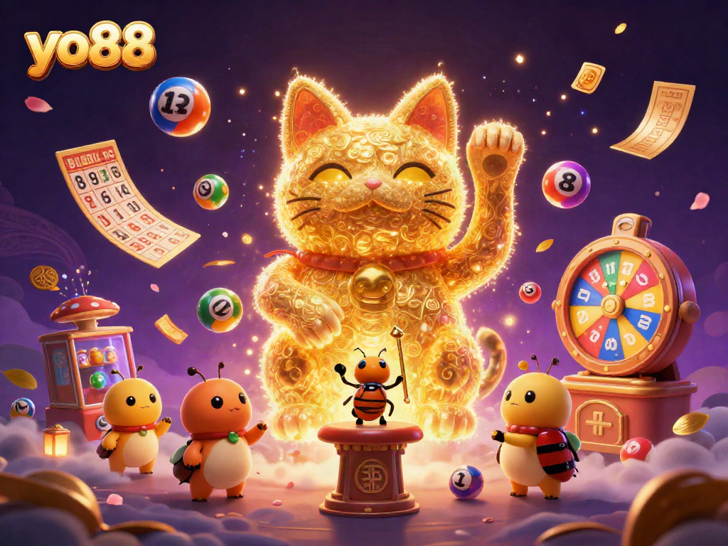 Experience yo88's captivating gaming adventure with a lucky cat, fireflies, and dynamic casino symbols.
