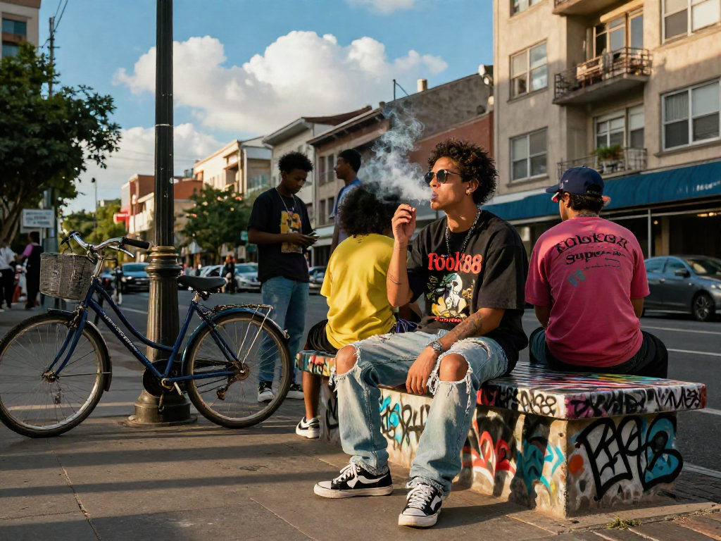 Urban lifestyle moment with rokok88 super smoke, stylish streetwear, vibrant city backdrop.