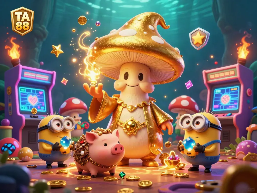 TA 88 takes center stage with a magical golden mushroom wizard in a vibrant casino-themed illustration.