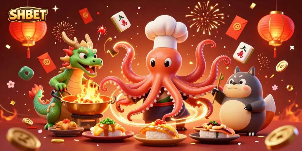 Experience the vibrant world of SHBET with dynamic characters and festive elements in a captivating casino scene.