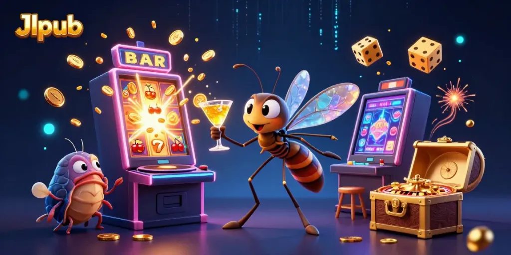 Engage with Jlpub's vibrant casino atmosphere featuring dynamic characters and casino games in action.