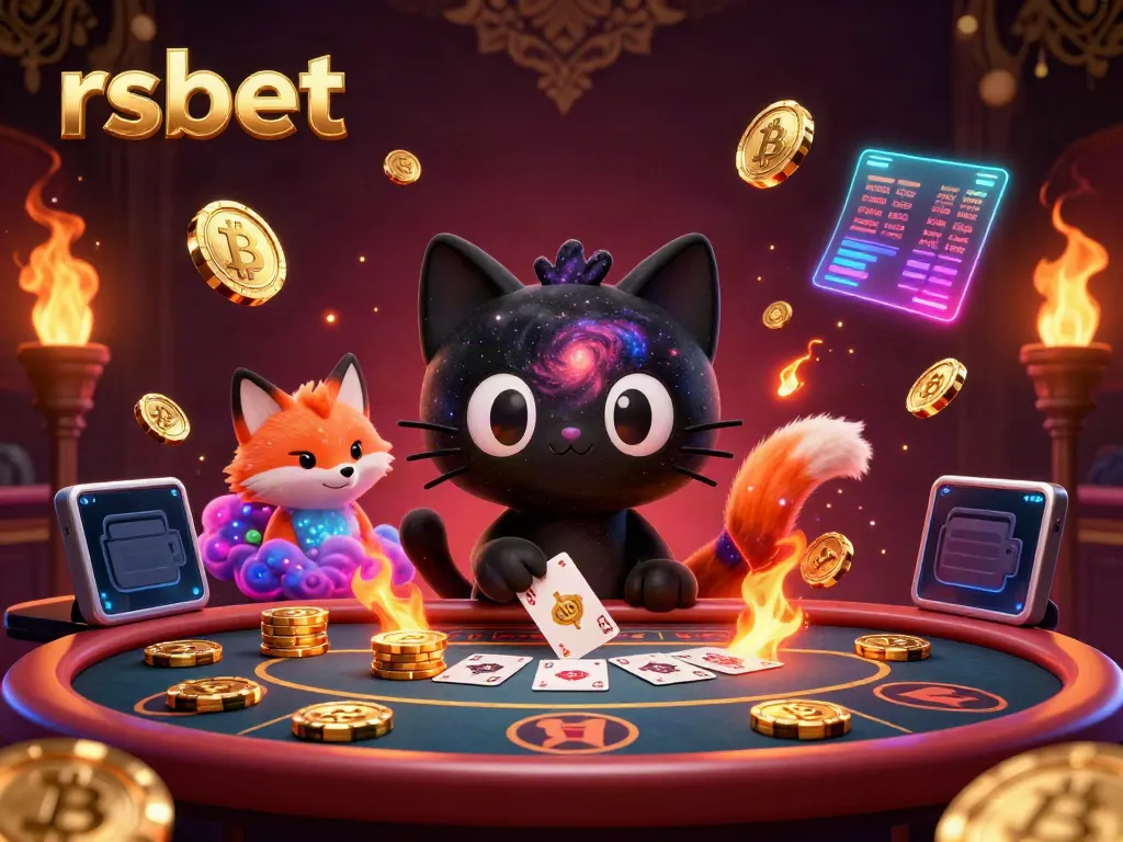 Experience thrilling gaming action at rsbet with a cosmic black hole cat and nebula fox in a vibrant casino.