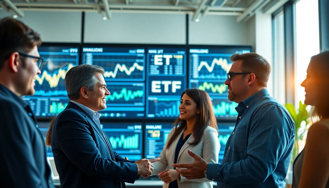 Analyse von ETF-Möglichkeiten mit einem motivierten Team in einem modernen Büroumfeld.