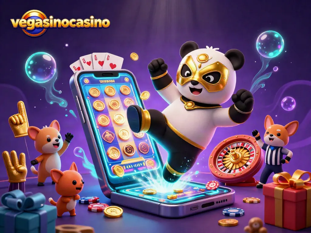 Experience the excitement of vegasinocasino with colorful slots and animated characters in a vibrant scene.