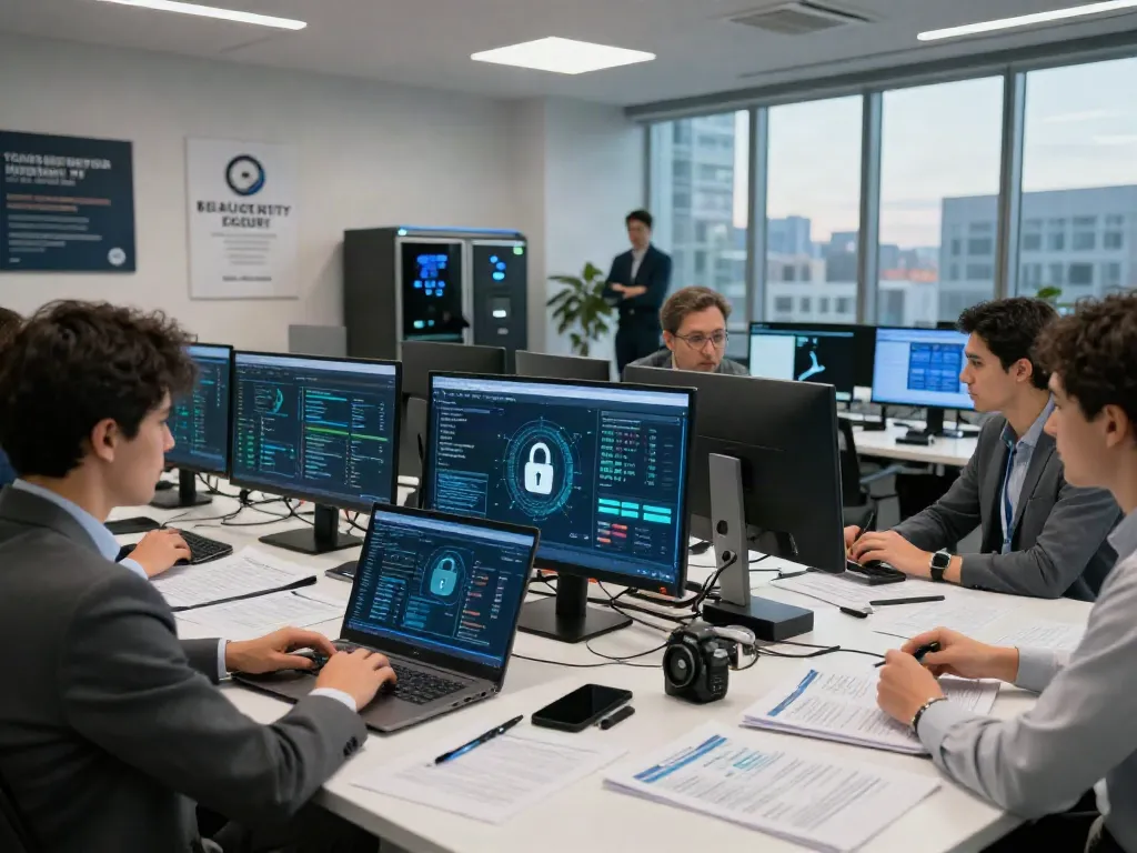 IT Sicherheitsberatung in modernem Büro, Sicherheitsexperte analysiert Daten und diskutiert mit Kollegen über Strategien.