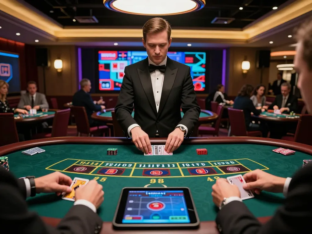 SIN88 blackjack game in action with players strategy-focused at a luxury casino table.