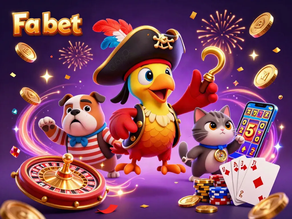 Fa bet showcases fun gaming with pirate captain and friends celebrating wins amid coins.