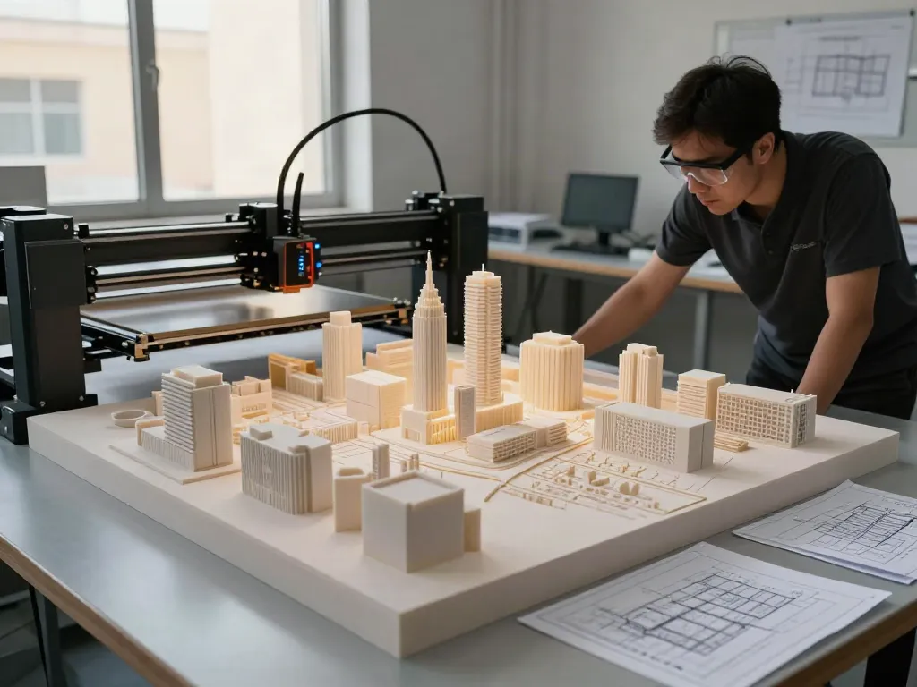 3D Druck Architekturmodell in einem modernen Workshop, wo ein Techniker ein detailreiches Stadtmodell überwacht.