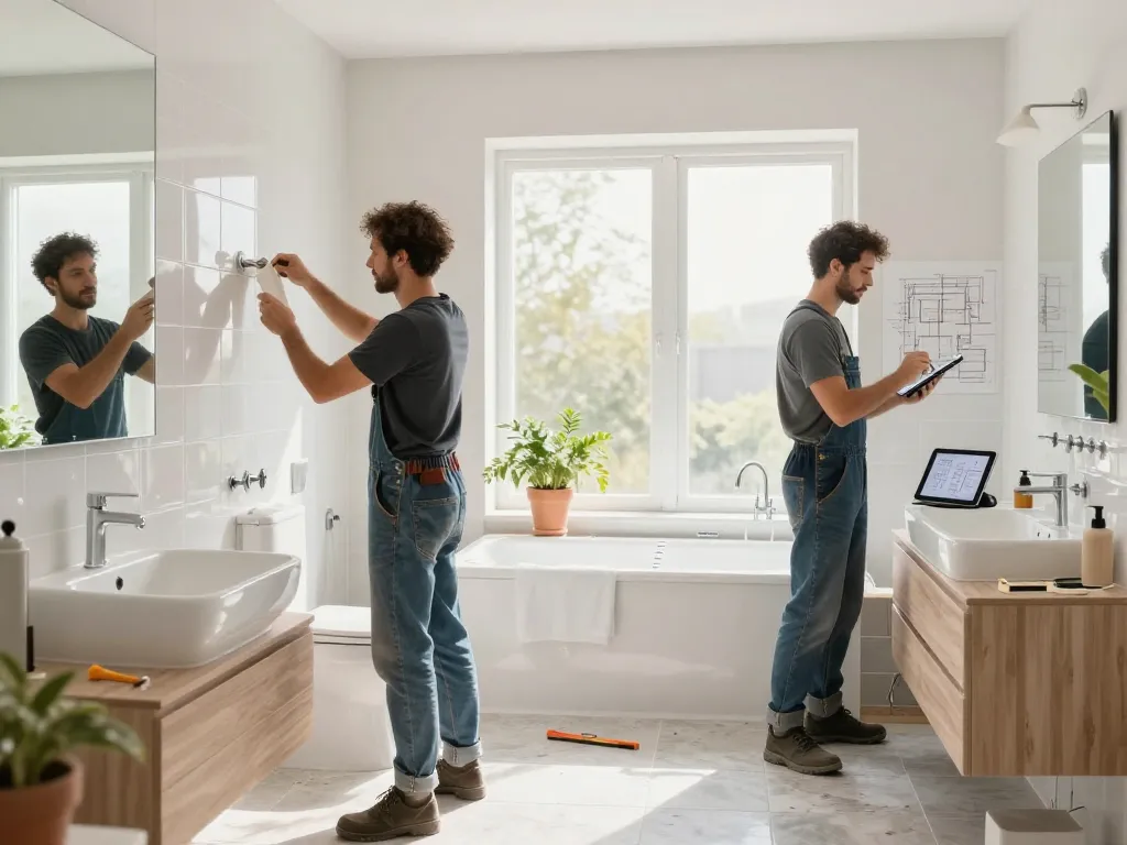 Badsanierung vom Fachbetrieb in Aktion, zeigt professionelle Handwerker bei der Installation von Fliesen und Armaturen in einem modernen Badezimmer.