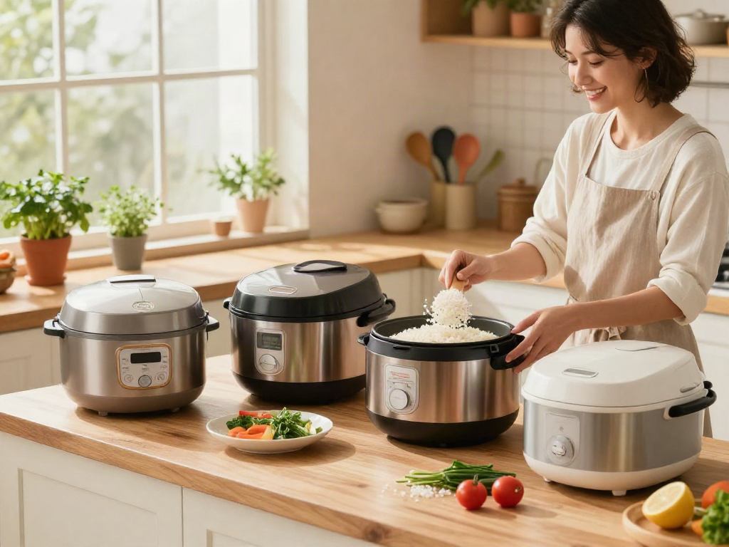 Rice Cooker demonstration in a cozy kitchen with fresh ingredients.
