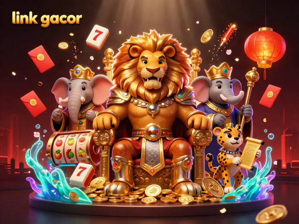 Experience the excitement of link gacor with a dynamic casino scene featuring a lion king, elephant advisor, and cheetah messenger.