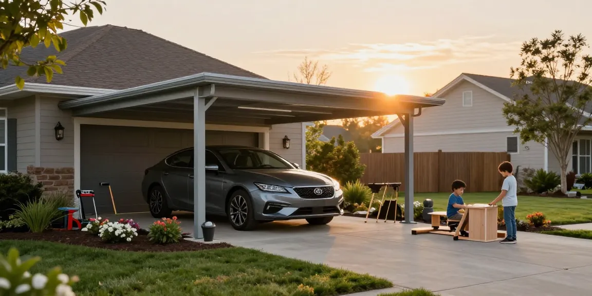 Eleganter Carport schützt modernes Auto in einem wohnlichen Umfeld.