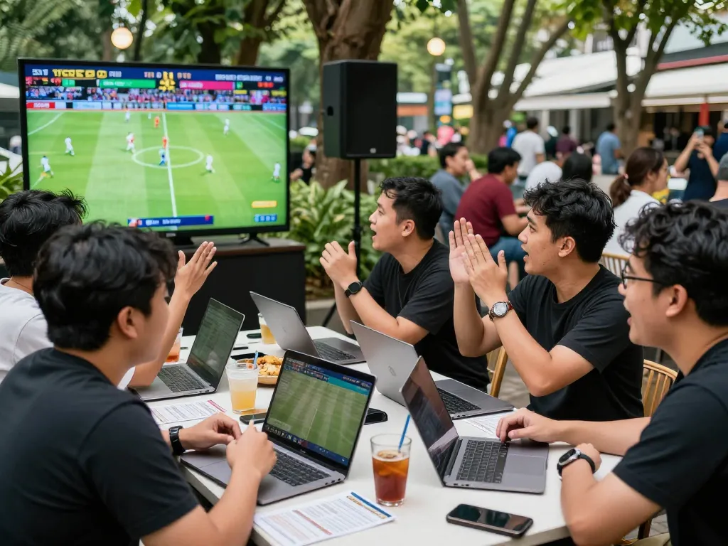 Excited group enjoying Judi Bola betting during a live football match, showcasing social interactions and vibrant atmosphere.
