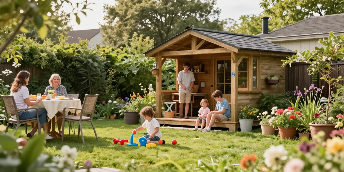 Gartenhäuser für traumhafte Außenbereiche mit Familienaktivitäten und bunten Pflanzen.
