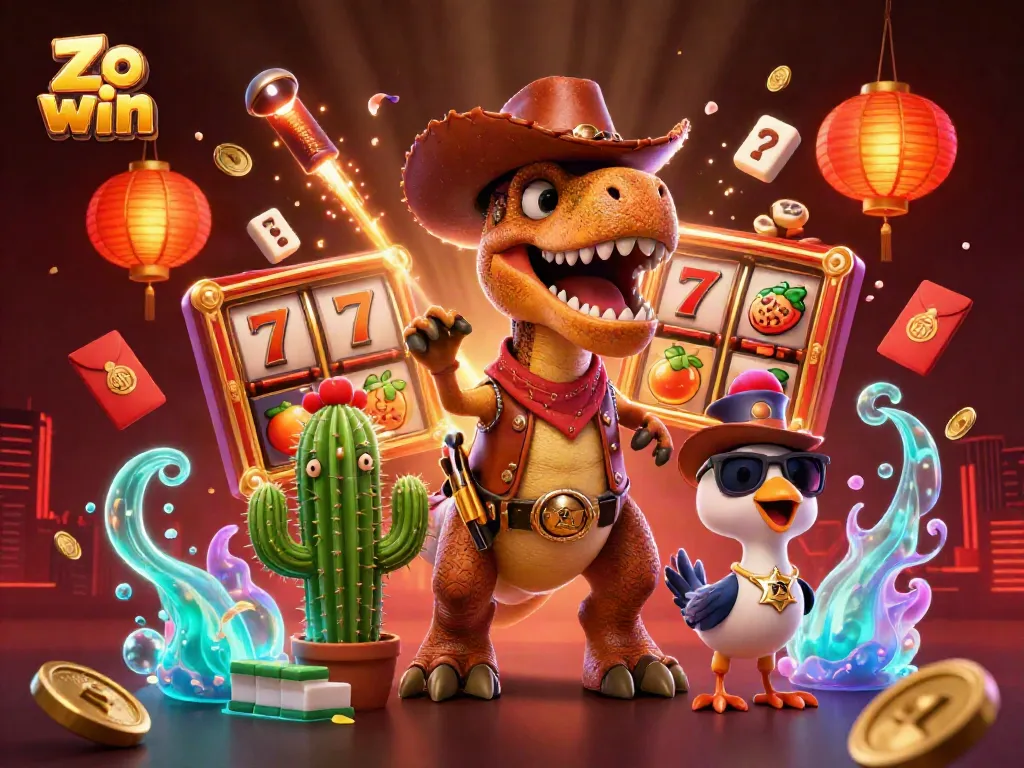 Experience the excitement of Zo win with dynamic gaming elements surrounding a lively T-Rex character.