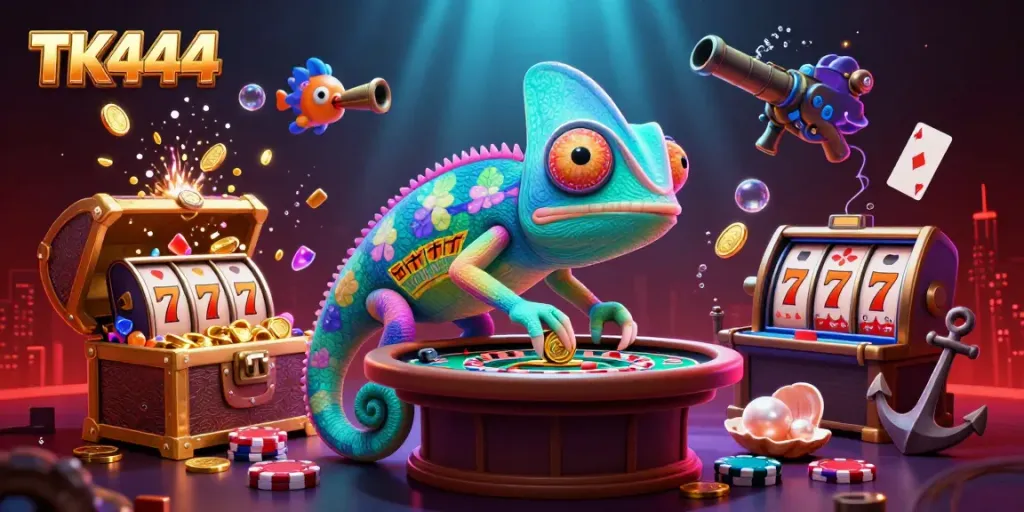Engage with TK444, where colorful slots explode with excitement in a vibrant casino scene.