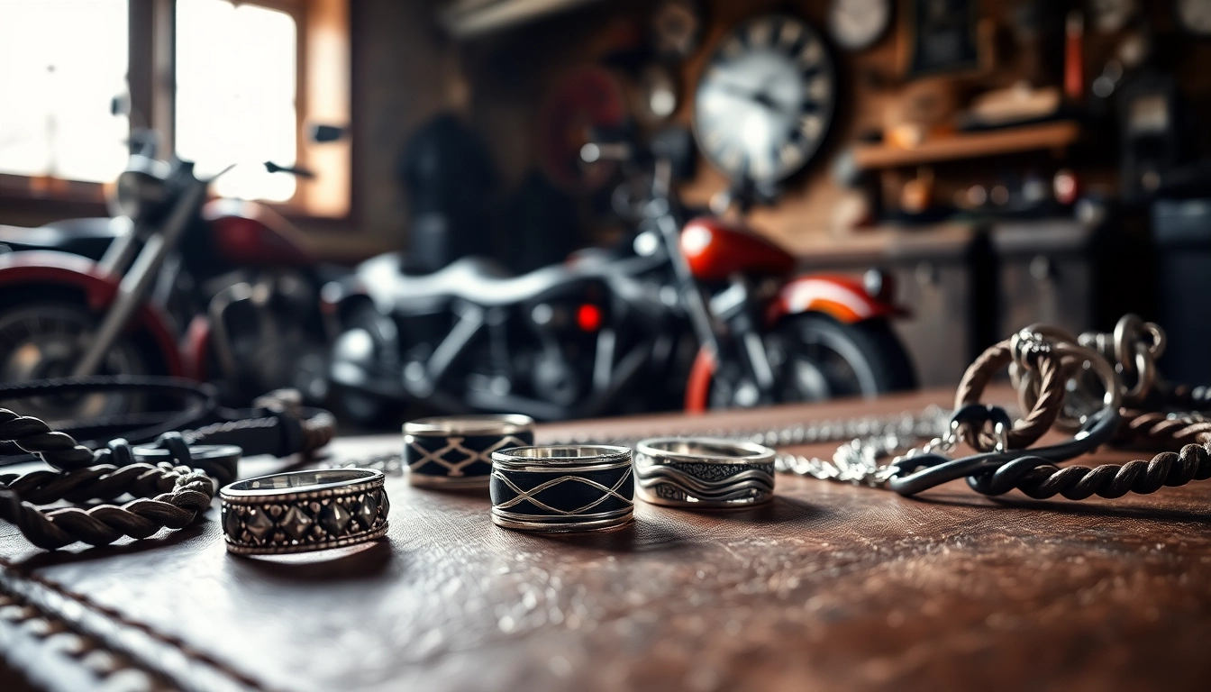 Biker jewelry displayed beautifully on a vintage leather surface, showcasing intricate designs.