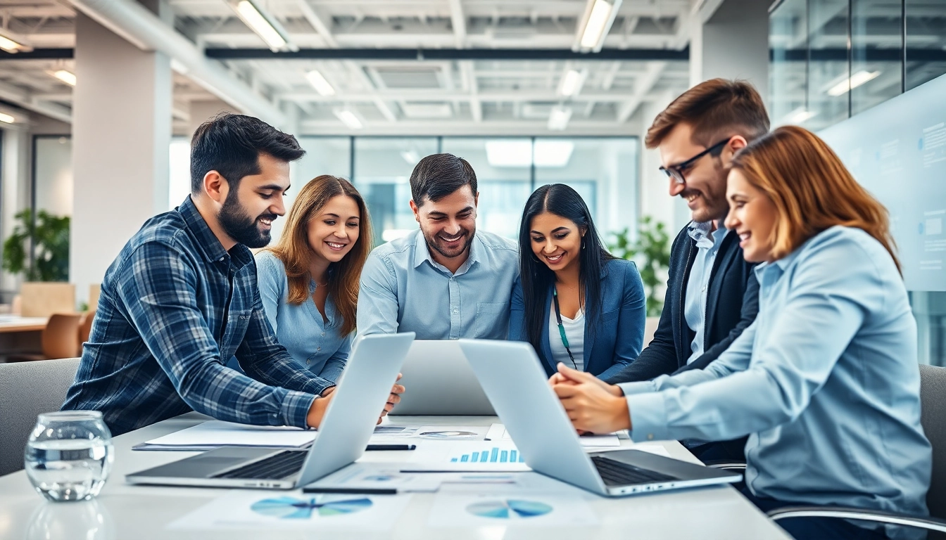 IT Dienstleister arbeiten gemeinsam in modernem Buero, Technologie und Zusammenarbeit betont.