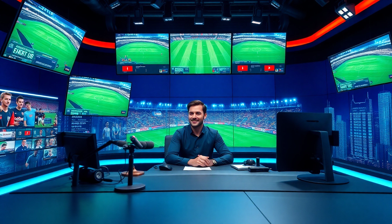 Dynamic scene of a commentator engaged in sports broadcasting with live footage screens.