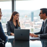 Headhunter Schweiz berät eine Kandidatin in modernem Büro mit Blick auf die Stadt.