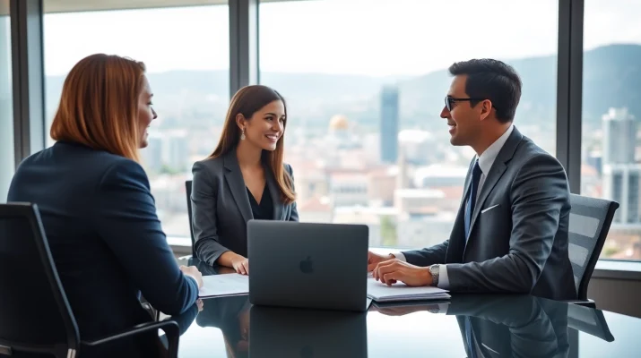 Headhunter Schweiz berät eine Kandidatin in modernem Büro mit Blick auf die Stadt.