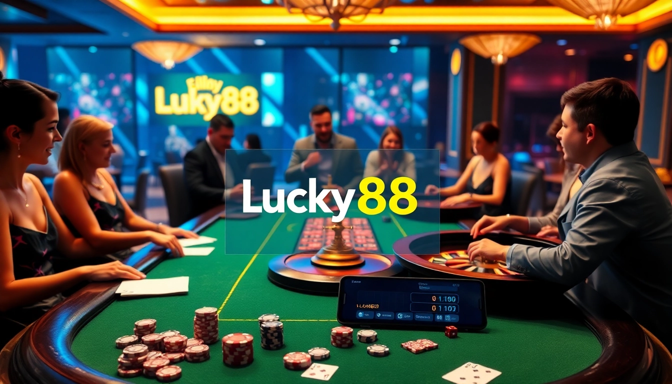 Players enjoying thrilling gameplay at Lucky88 casino table with vibrant chips and cards.