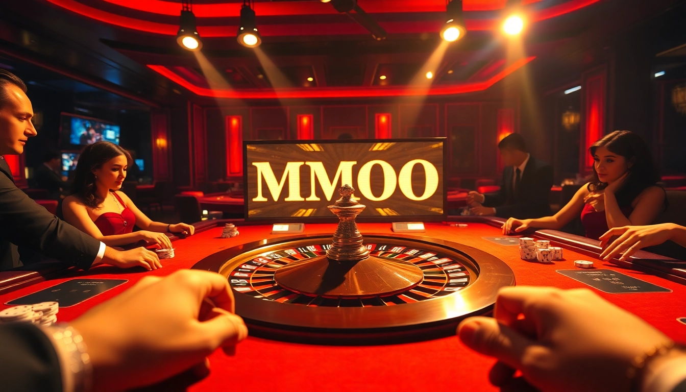 Casino excitement with MMOO theme, showcasing roulette wheel and vibrant betting atmosphere.