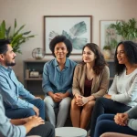 Engaging group therapy session to promote mental health awareness among diverse individuals.