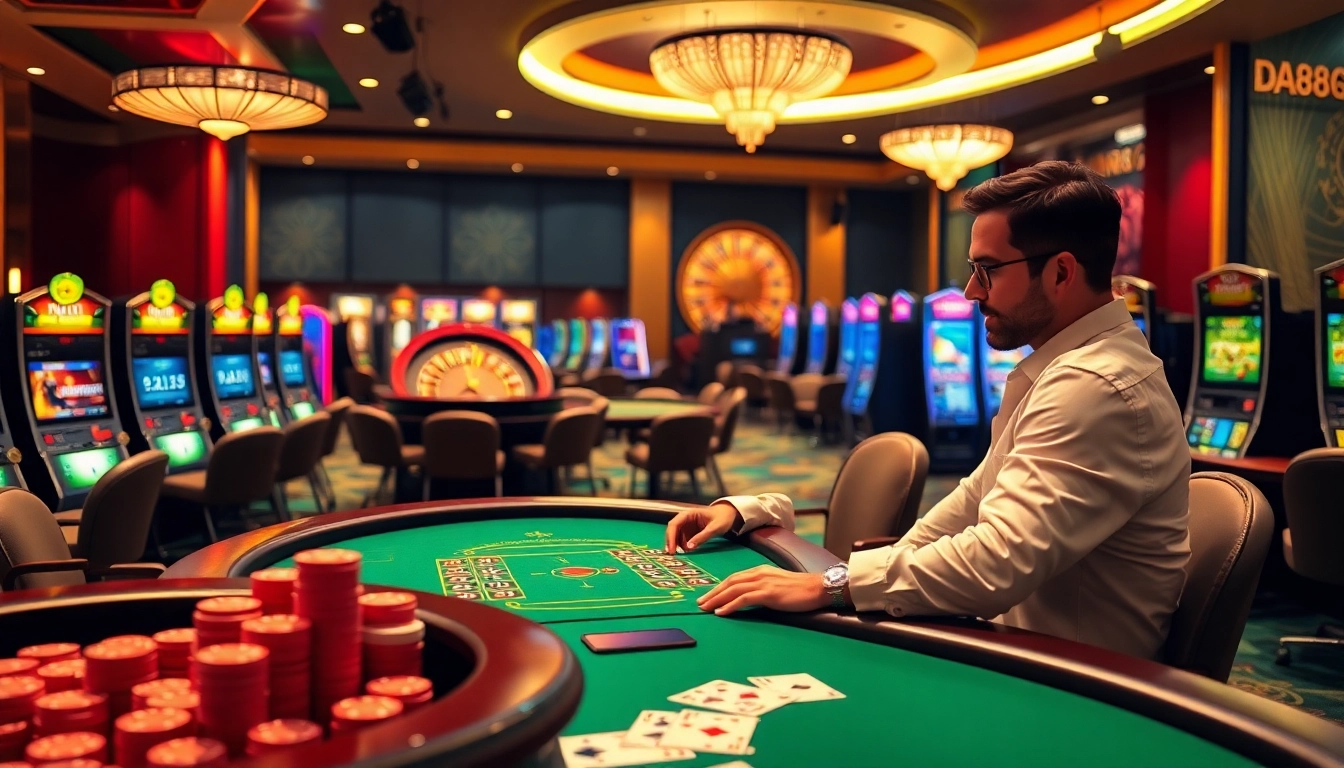 Engaging casino scene highlighting poker strategies with https://da88.education/ at play.