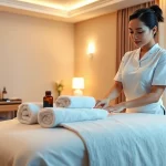 고요한 호텔 객실에서 진행되는 평택출장마사지 서비스, 세션 준비를 하는 젊은 치료사를 보여주는 모습