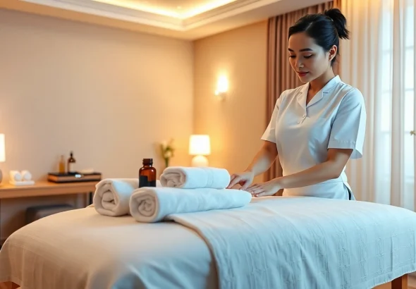 고요한 호텔 객실에서 진행되는 평택출장마사지 서비스, 세션 준비를 하는 젊은 치료사를 보여주는 모습