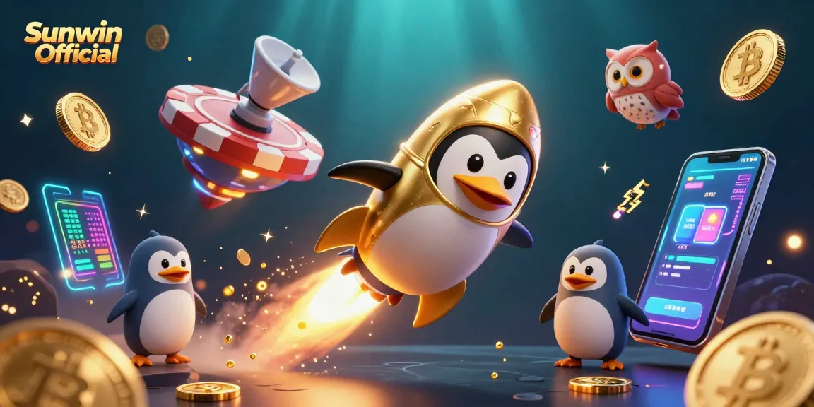 Experience the excitement of Sunwin Official with a golden penguin racing towards a casino poker chip