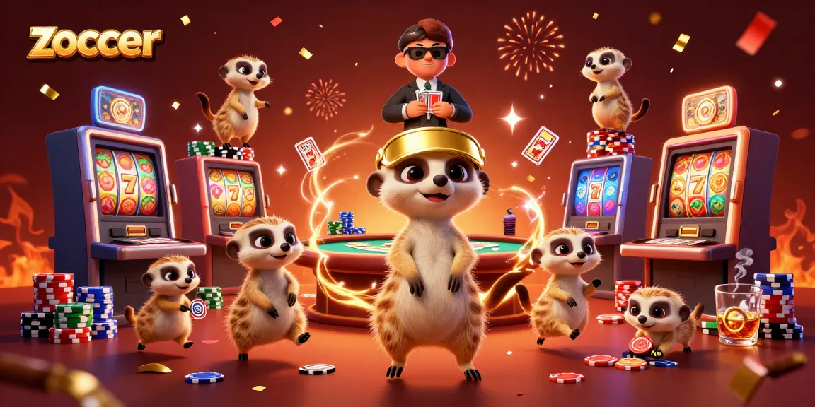 Zoccer casino with meerkats operating a vibrant slot scene, revealing colorful games and festive energy.