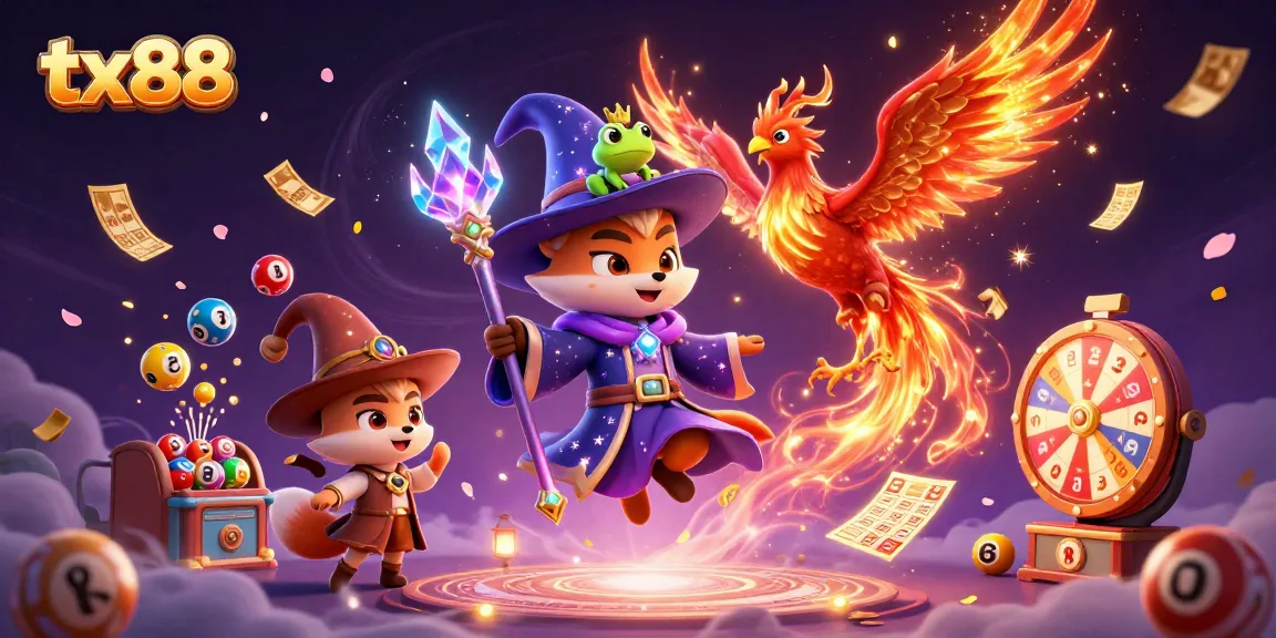 Win big with tx88 as a mystical fox wizard and phoenix surround vibrant lottery elements.