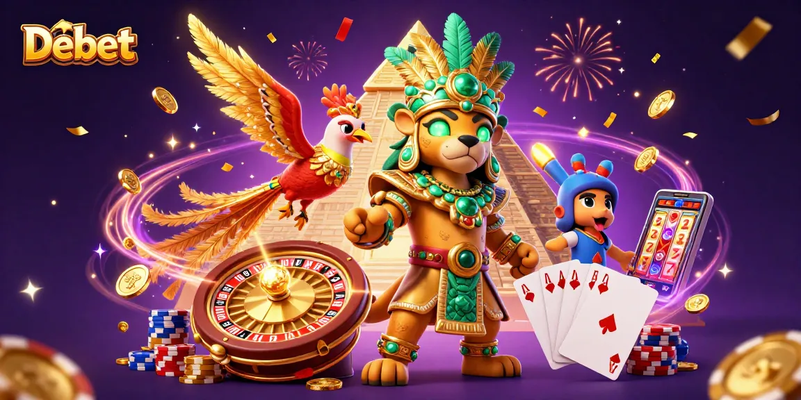 Experience gaming excitement with Debet featuring a Mayan jaguar priest amid dynamic casino elements.