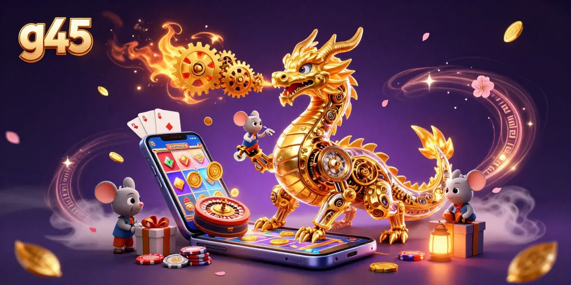 Witness g45's thrilling golden dragon breathing gears while entertaining in a vibrant casino scene.