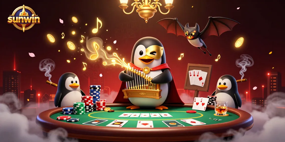 Experience thrilling action at sunwin while a penguin plays a gold-coin organ amidst poker excitement.