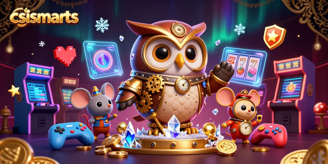 Play slots with csismarts featuring a time-traveler owl and vibrant casino elements in a rich 3D scene.